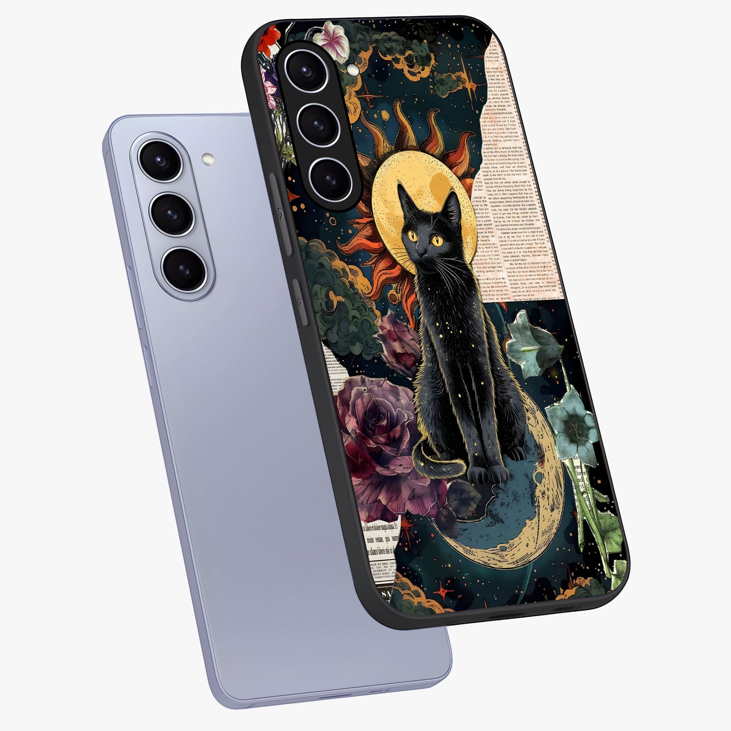 Celestial Black Cat Glass Case displayed in angled mockup highlighting cosmic black cat design with celestial aesthetic.