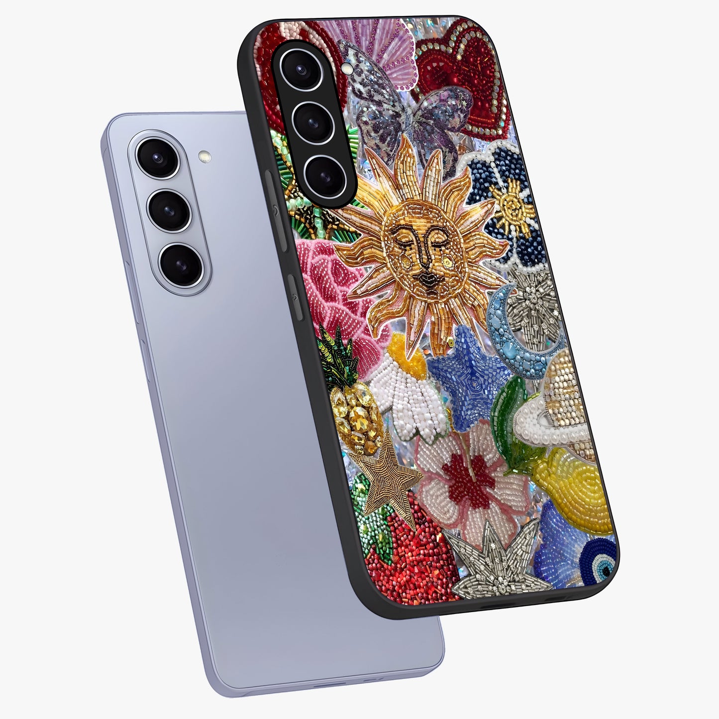 Celestial Floral and Playful Glass Case displayed in angled mockup highlighting playful floral design with dreamy celestial elements.