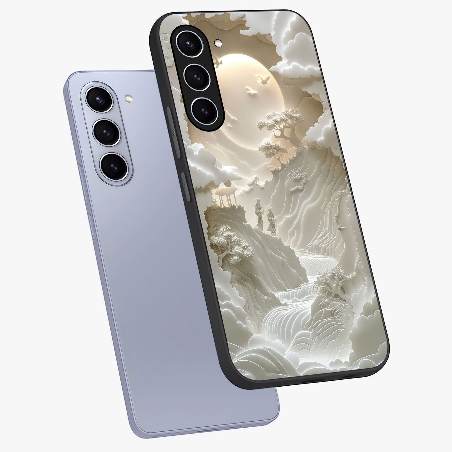 Celestial Origami Glass Case displayed in angled mockup highlighting geometric origami design with cosmic aesthetic theme.