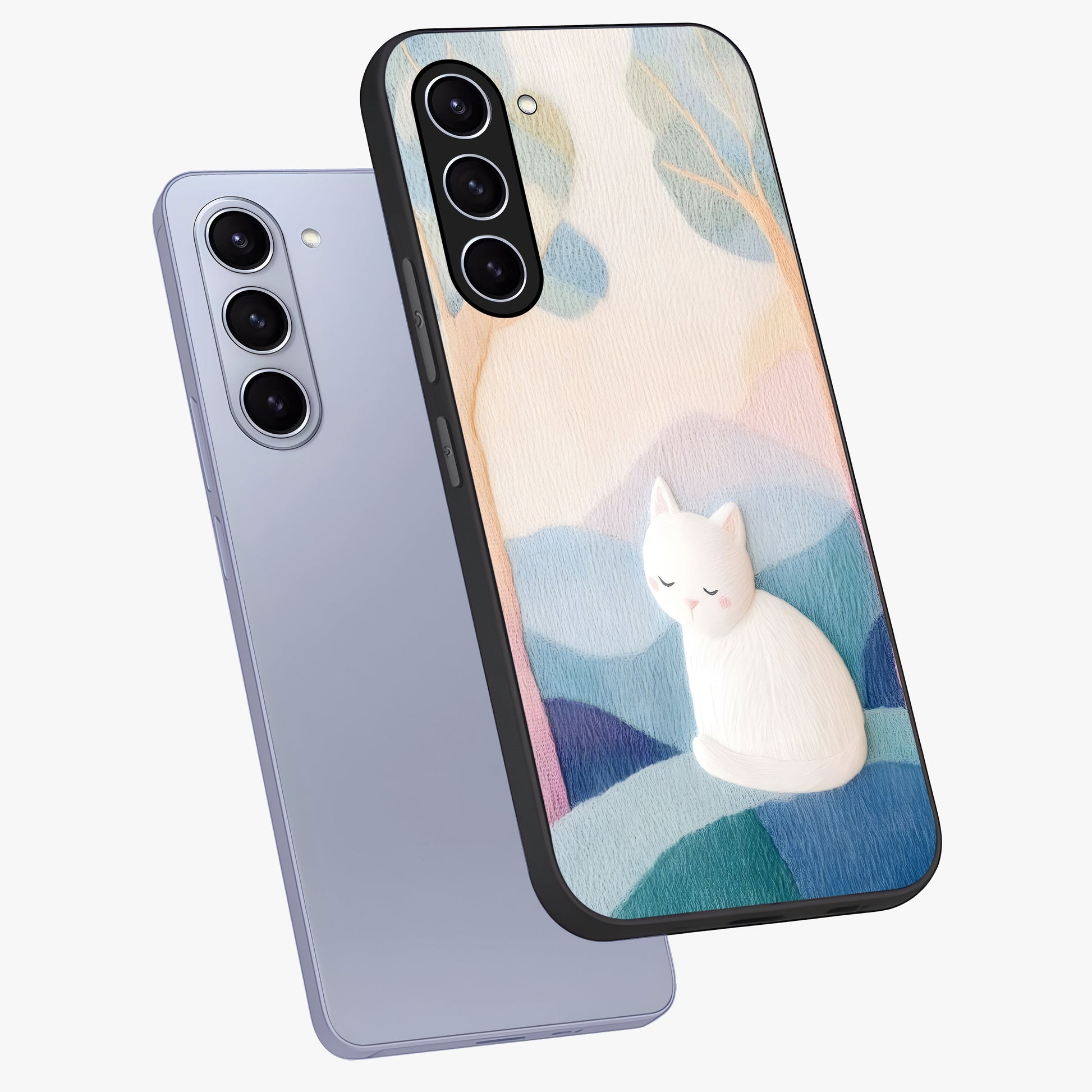 Cotton Dream Cat Glass Case displayed in angled mockup highlighting cute feline illustration with pastel aesthetic style.