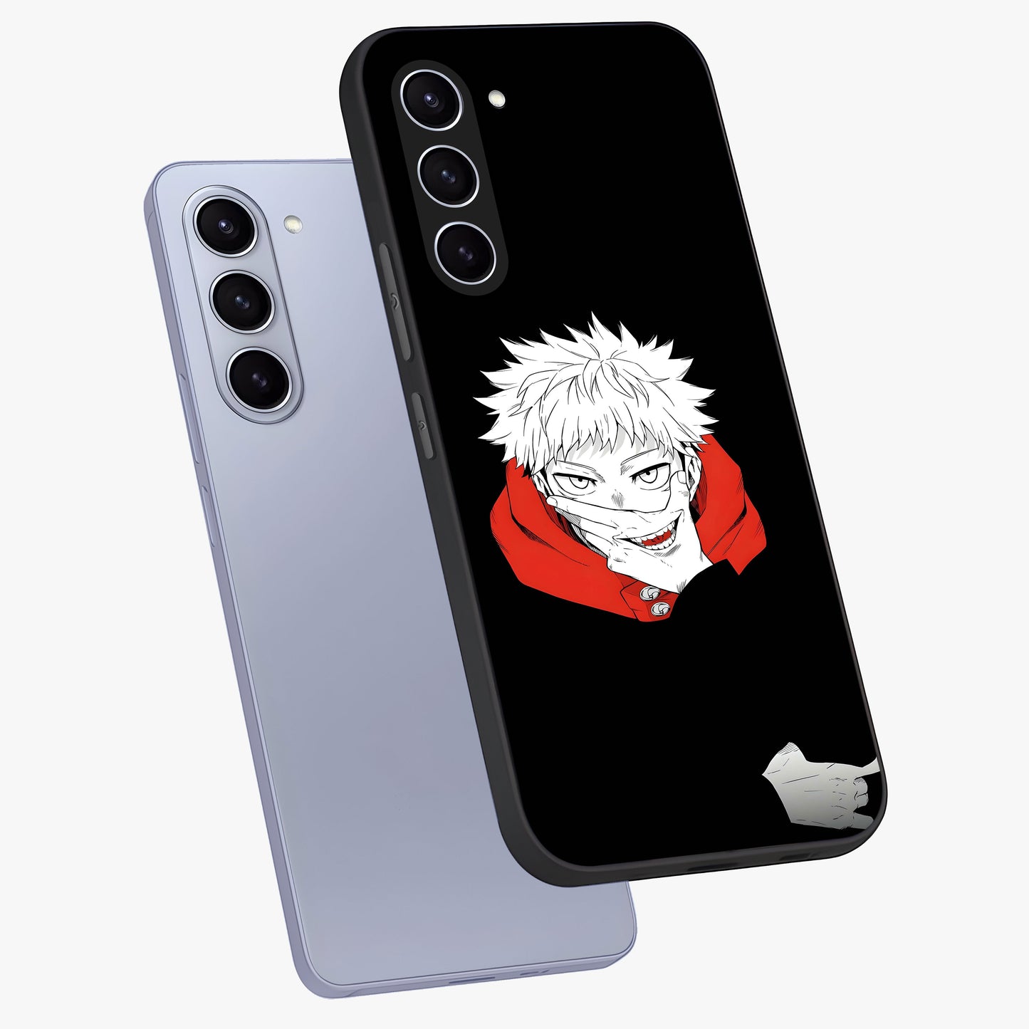 Crimson Chaos Smile Glass Case displayed in angled mockup highlighting edgy crimson smile design with graphic aesthetic.
