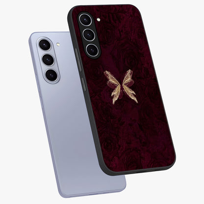Crimson Fade Butterfly Glass Case displayed in angled mockup highlighting elegant butterfly design with crimson gradient aesthetic.