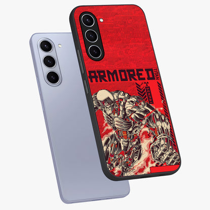 Crimson Mecha Titan Glass Case displayed in angled mockup highlighting futuristic mech illustration with bold crimson aesthetic.