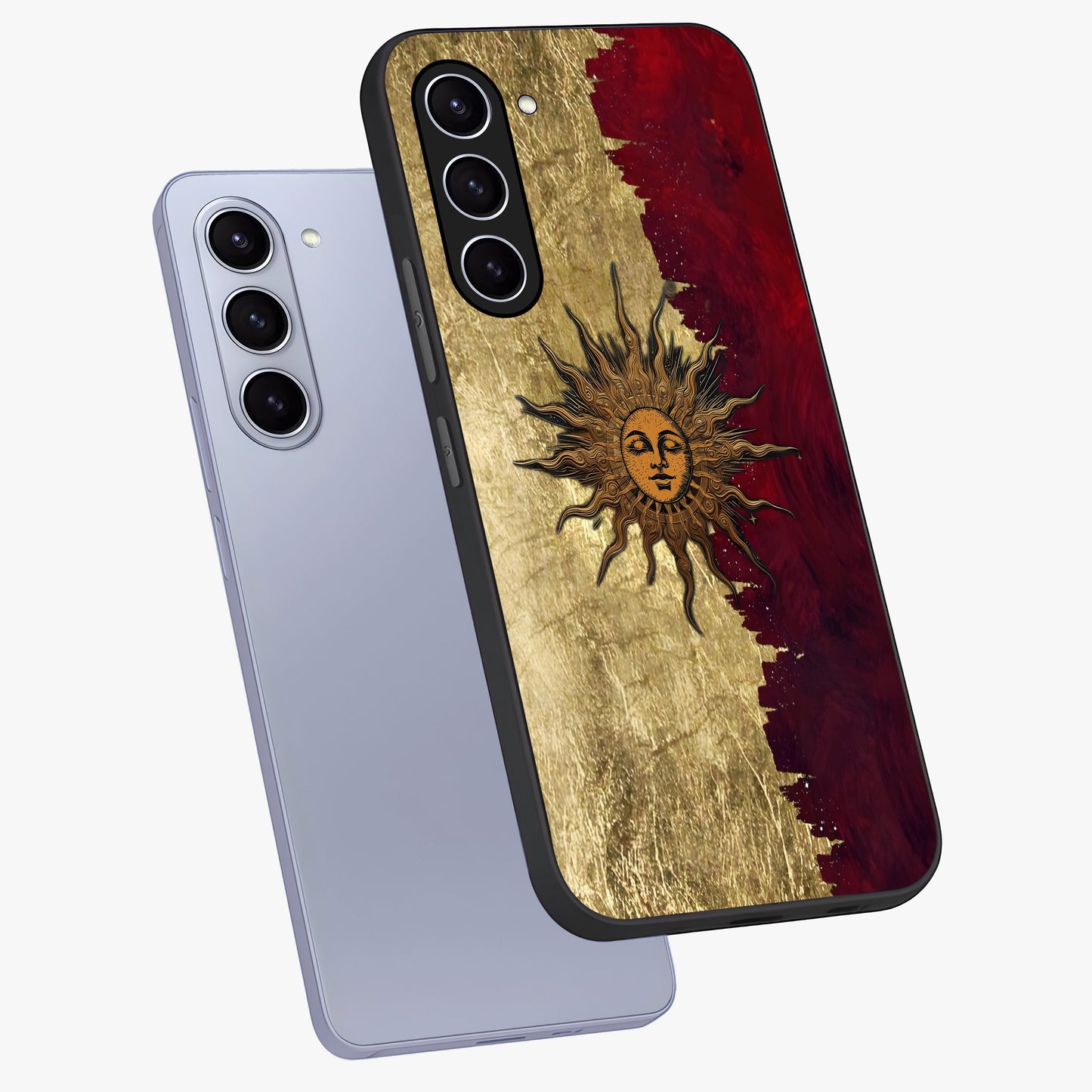 Crimson Sun Majesty Glass Case displayed in angled mockup highlighting majestic crimson sun design with bold aesthetic style.