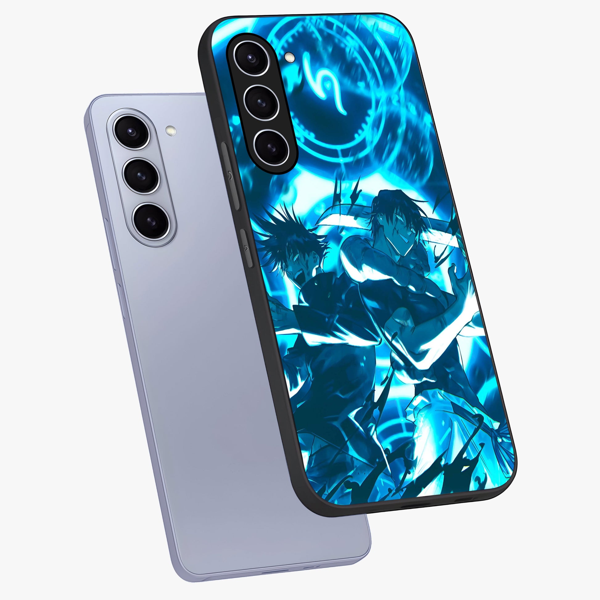 Cursed Energy Clash Glass Case displayed in angled mockup highlighting powerful battle inspired graphic with anime style aesthetic.