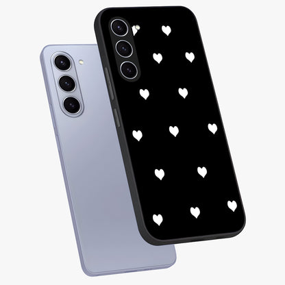 Cute And Simple White Hearts Glass Case displayed in angled mockup highlighting cute heart design with clean aesthetic style.
