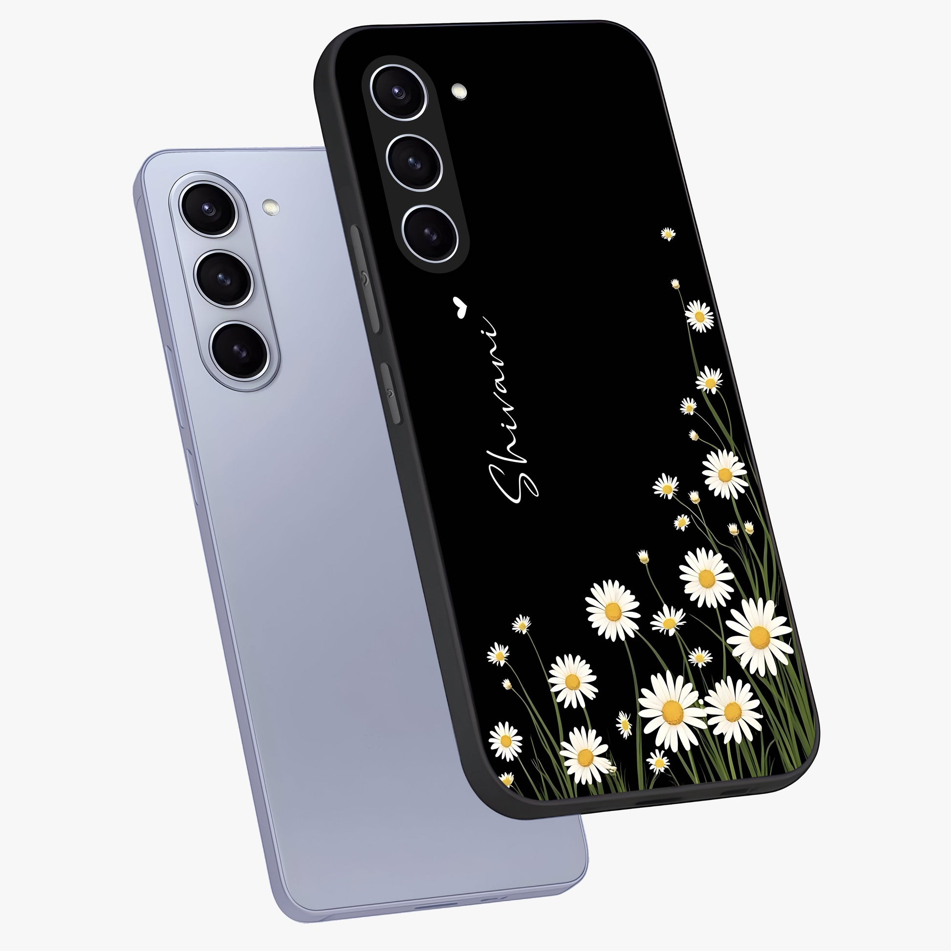Daisy Cascade Custom Name Glass Case displayed in angled mockup highlighting delicate daisy artwork with custom name feature.