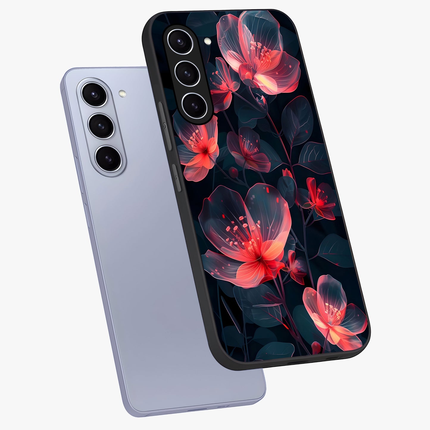 Dark Shade of Flower Glass Case displayed in angled mockup highlighting moody floral illustration with aesthetic dark tones.
