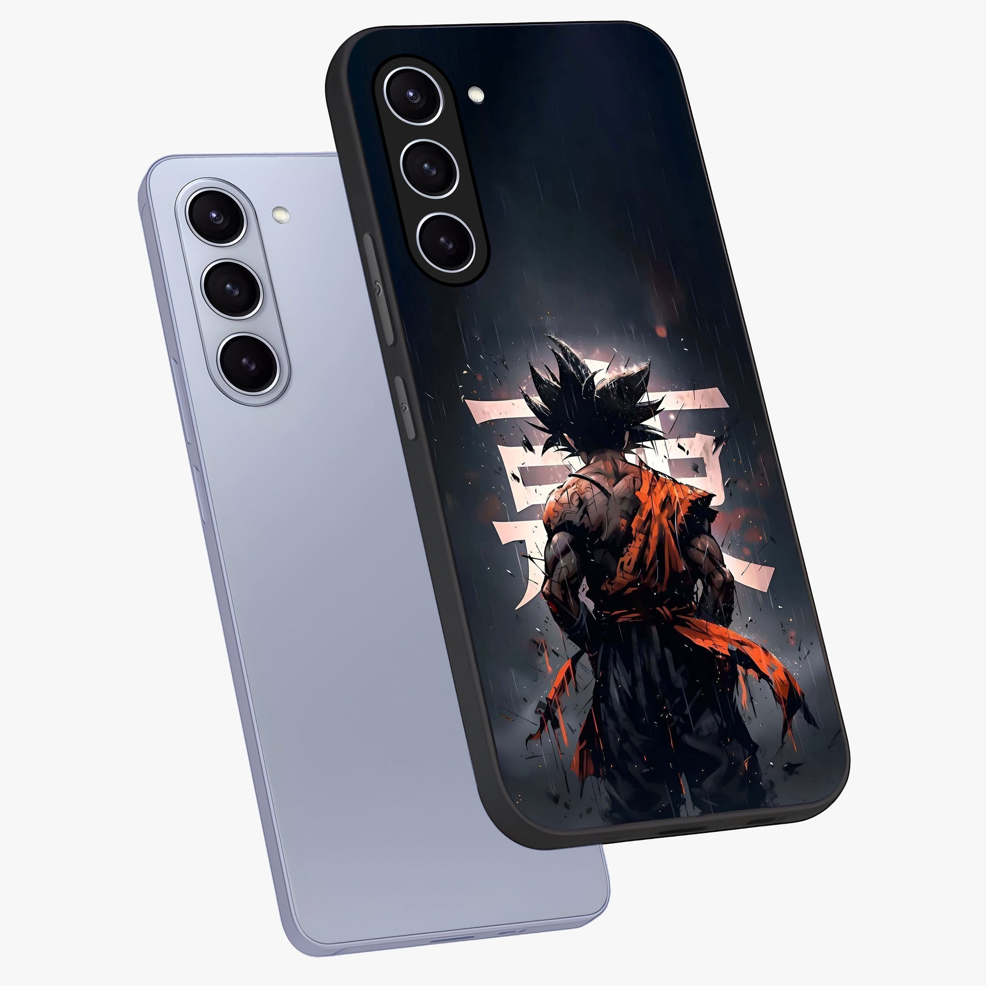 Dark Warrior In Rain Glass Case displayed in angled mockup highlighting dramatic warrior illustration with dark rain aesthetic.
