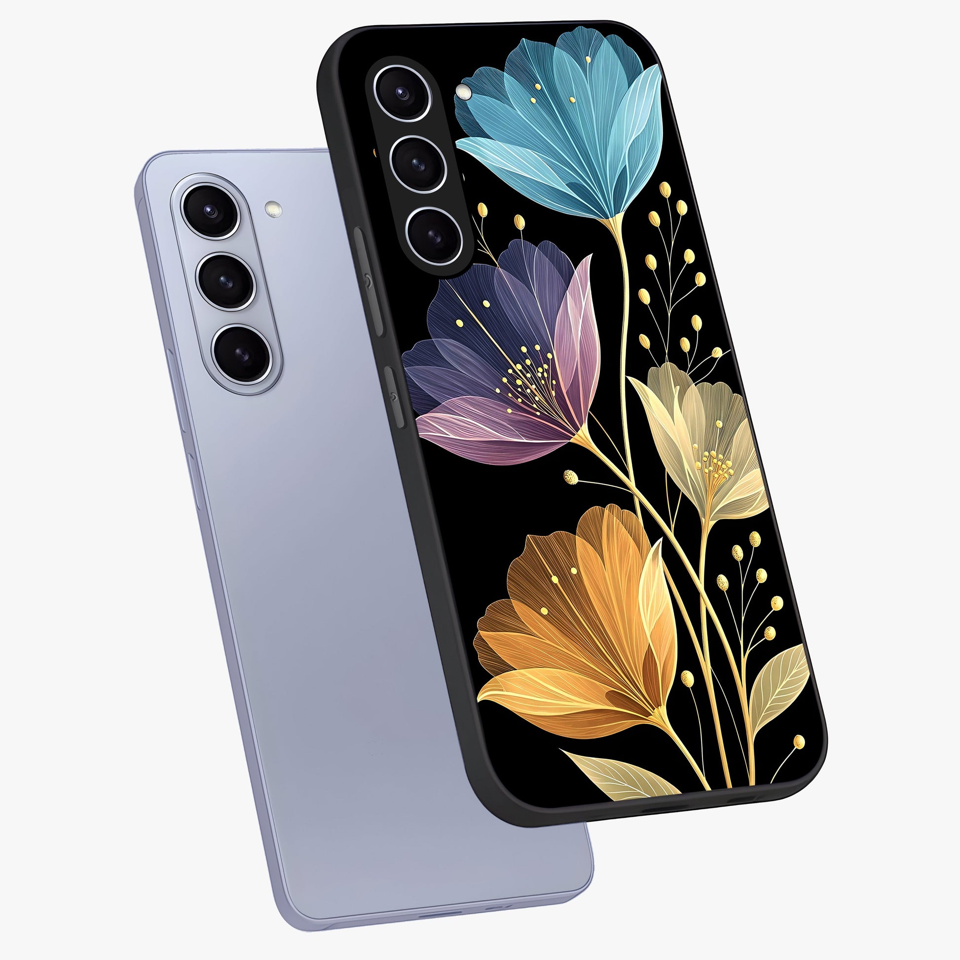 Delicate Multicolor Flowers Glass Case displayed in angled mockup highlighting colorful flower pattern with soft aesthetic style.