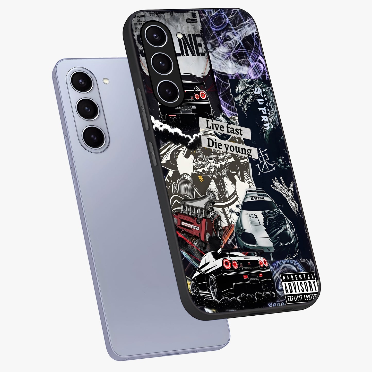 Die Young Glass Case displayed in angled mockup highlighting expressive graphic artwork with edgy aesthetic style.