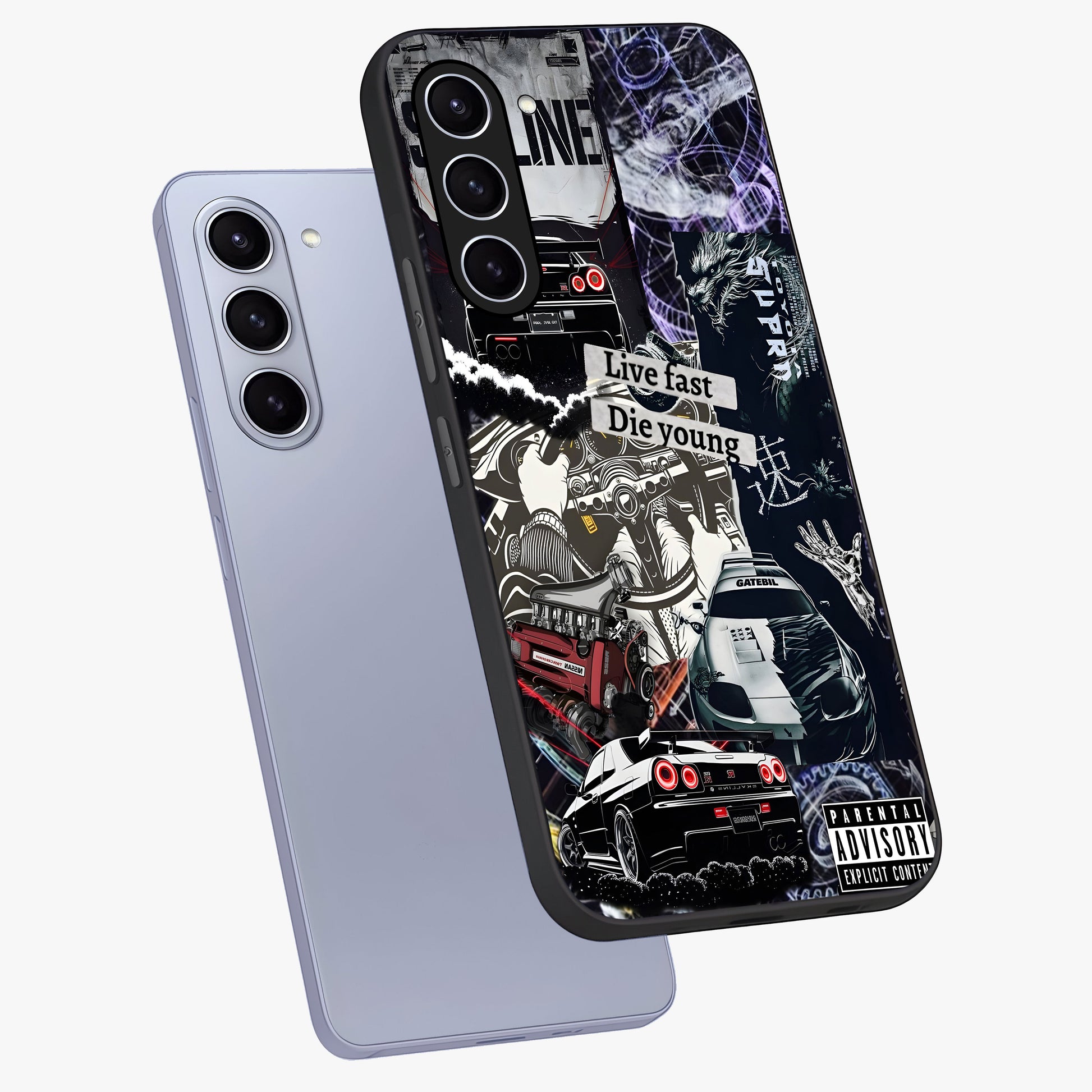 Die Young Glass Case displayed in angled mockup highlighting expressive graphic artwork with edgy aesthetic style.