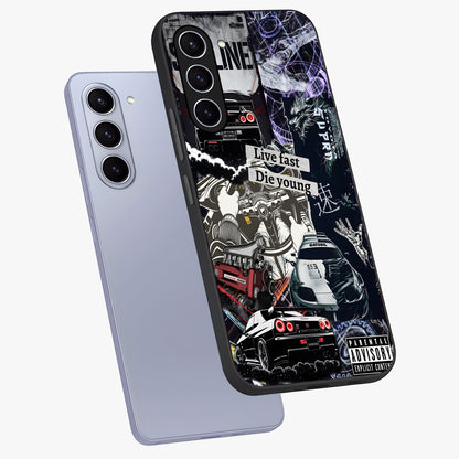 Die Young Glass Case displayed in angled mockup highlighting expressive graphic artwork with edgy aesthetic style.