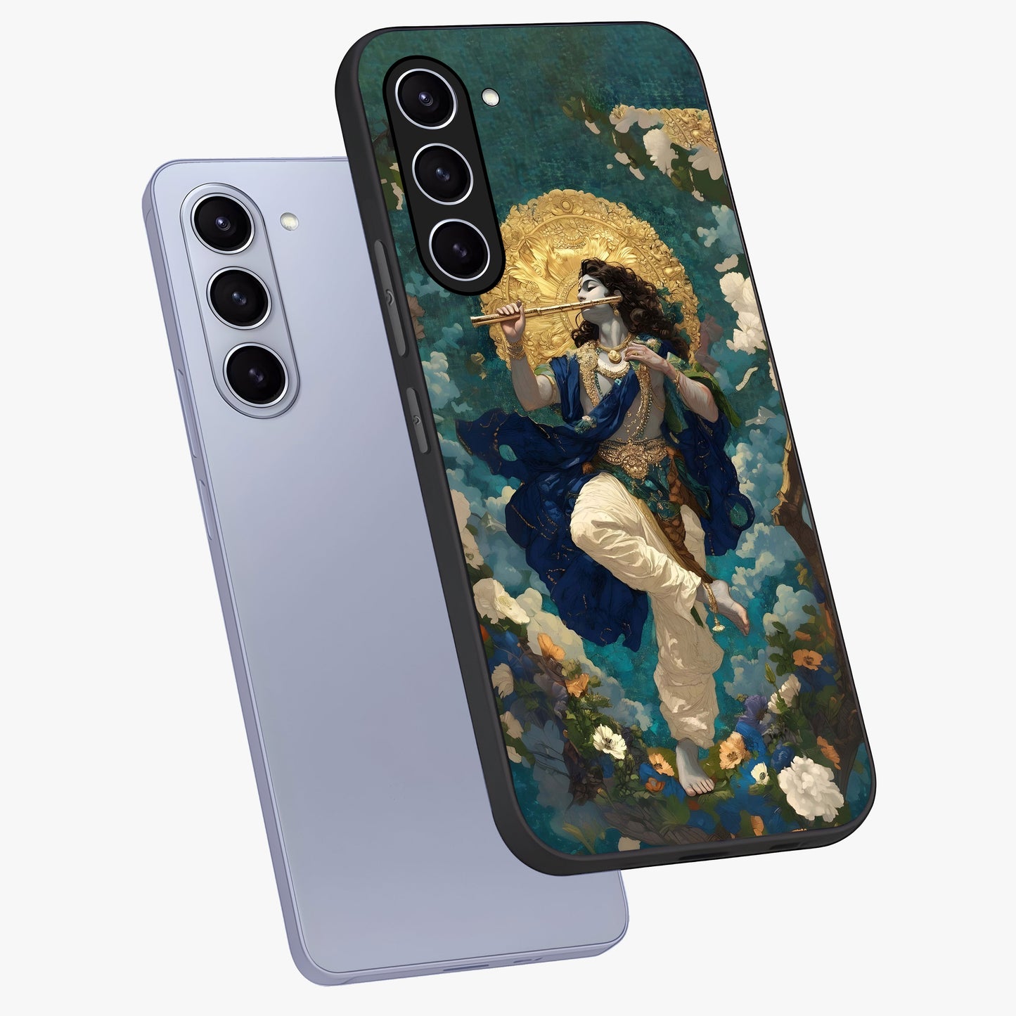 Divine Krishna Art Glass Case displayed in angled mockup highlighting spiritual Krishna illustration with devotional aesthetic.