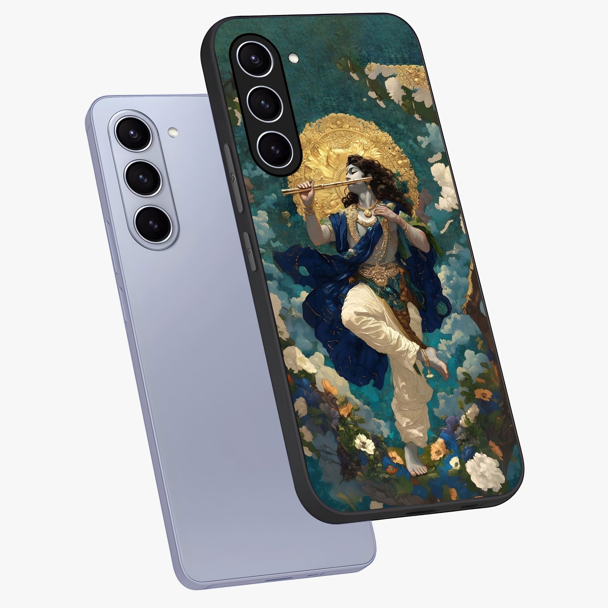 Divine Krishna Art Glass Case displayed in angled mockup highlighting spiritual Krishna illustration with devotional aesthetic.