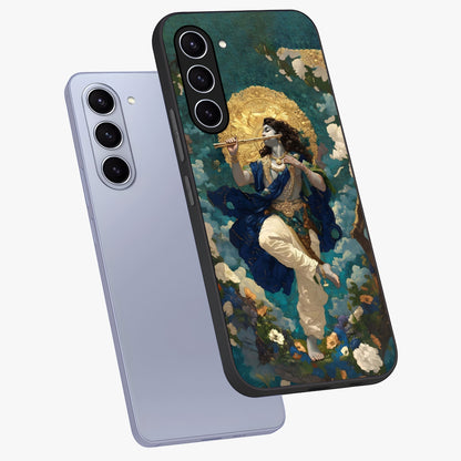 Divine Krishna Art Glass Case displayed in angled mockup highlighting spiritual Krishna illustration with devotional aesthetic.