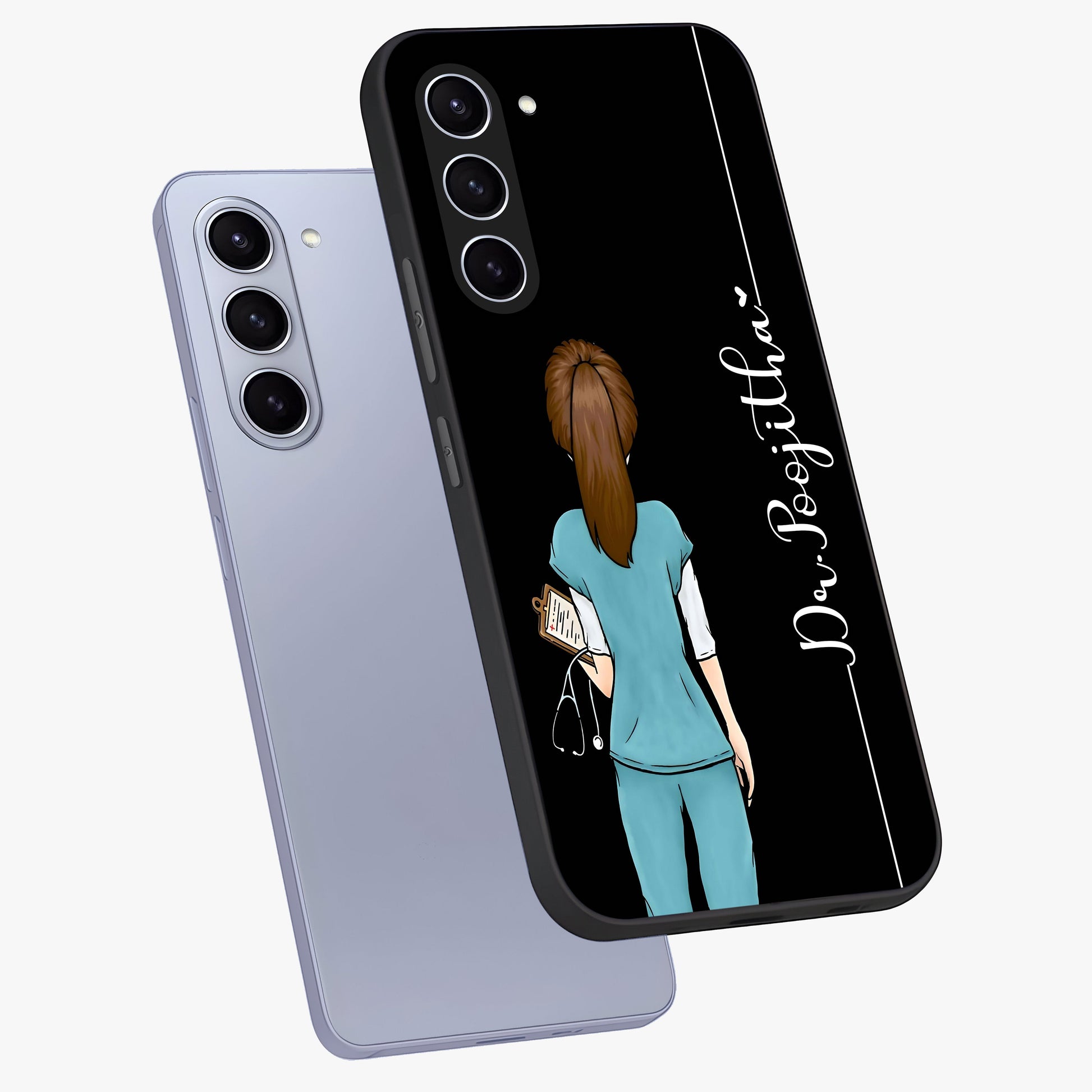 Doctor Pattern Custom Name Glass Case displayed in angled mockup highlighting doctor inspired artwork with custom name feature.