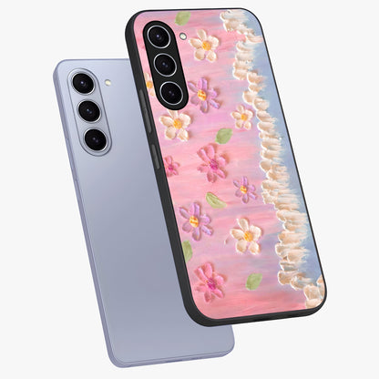 Dreamy Painted Garden Glass Case displayed in angled mockup highlighting colorful garden illustration with dreamy aesthetic style.