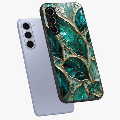 Emerald Leaf Glass Glass Case displayed in angled mockup highlighting botanical leaf illustration with elegant natural aesthetic.