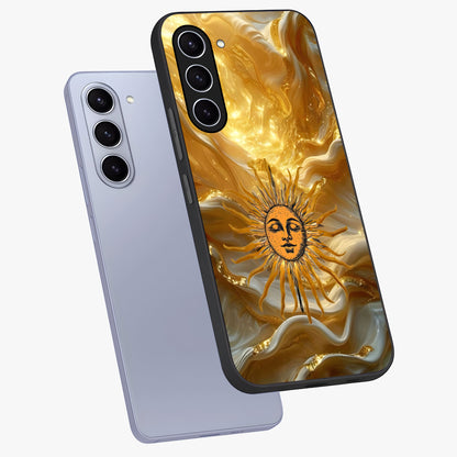 Eternal Golden Glow Glass Case displayed in angled mockup highlighting glowing golden aesthetic design with elegant style.