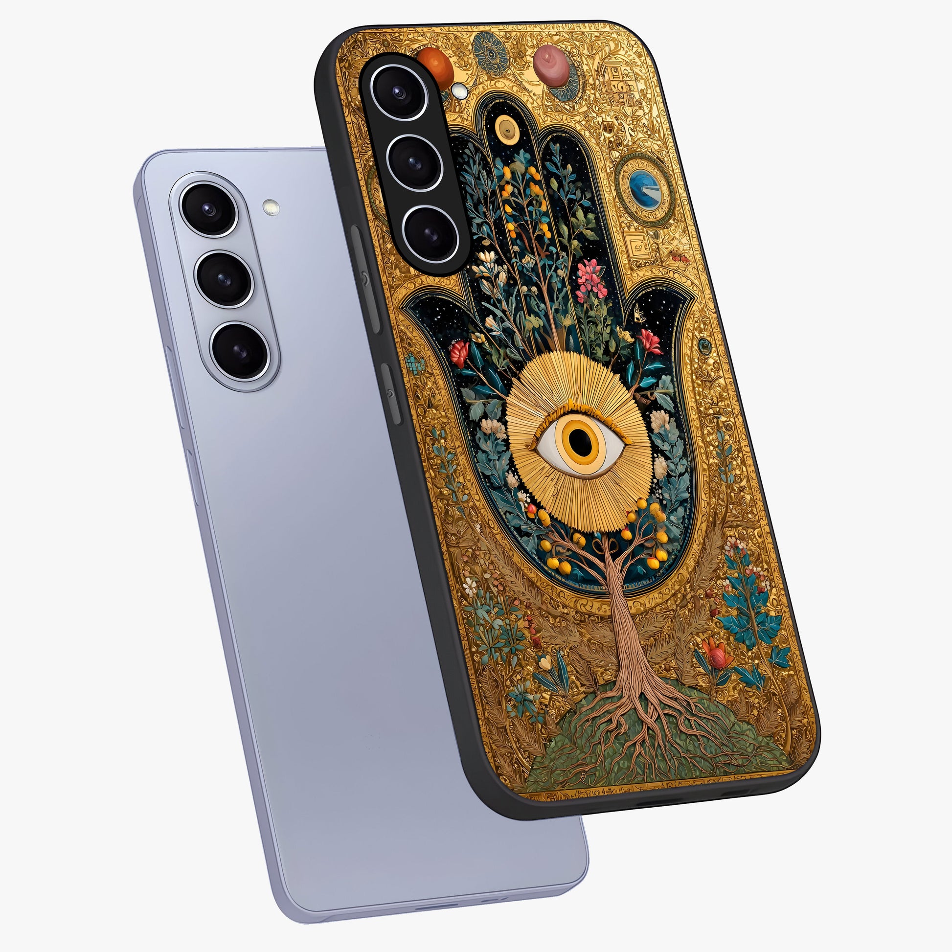 Ethereal Evil Eye Glass Case displayed in angled mockup highlighting protective evil eye symbol with spiritual aesthetic design.