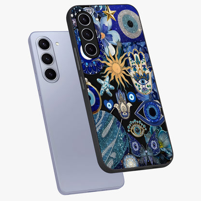 Evil Eye Charm Mix Glass Case displayed in angled mockup highlighting protective evil eye symbols with spiritual aesthetic design.
