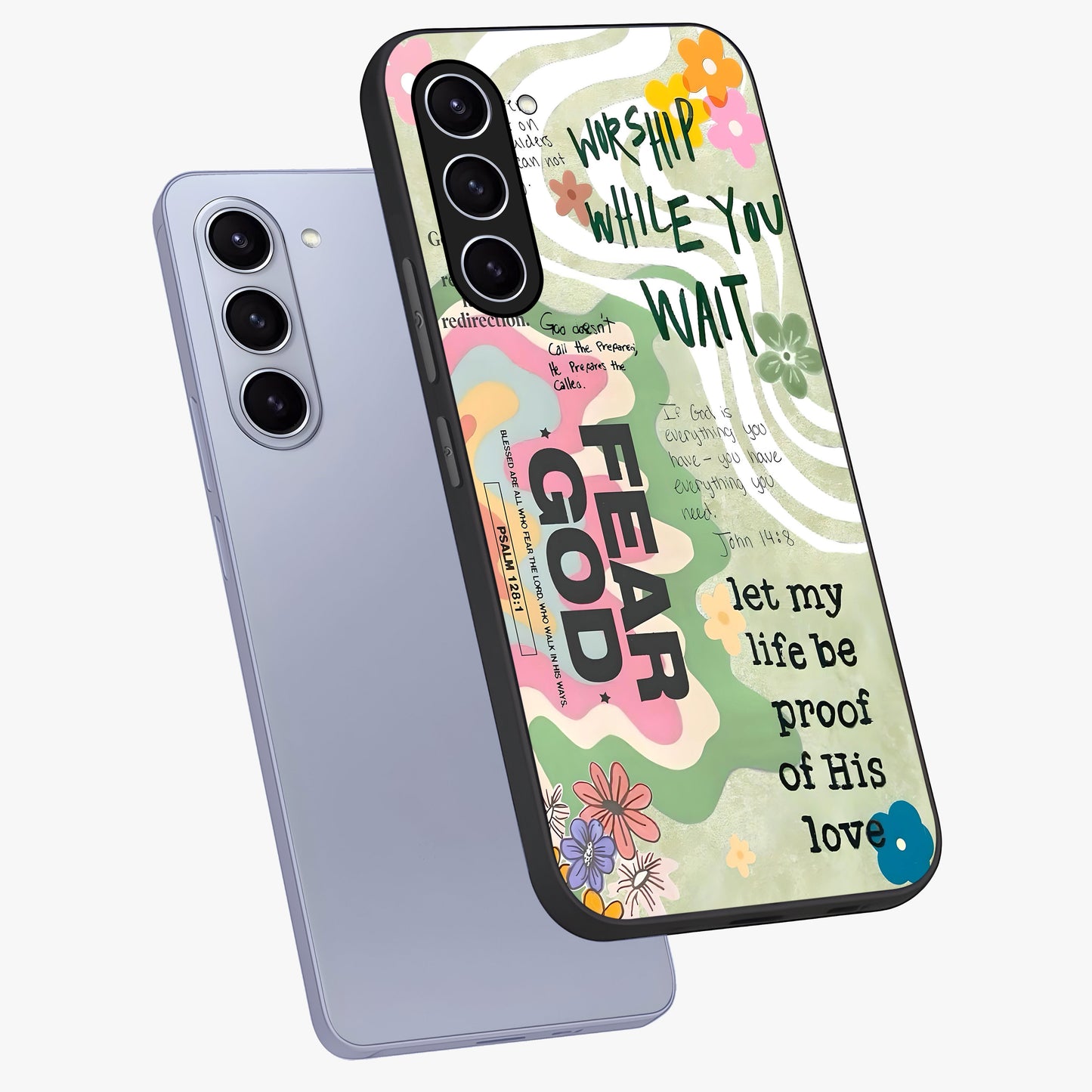 Faith Over Fear Glass Case displayed in angled mockup highlighting inspirational message design with modern aesthetic style.