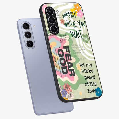 Faith Over Fear Glass Case displayed in angled mockup highlighting inspirational message design with modern aesthetic style.