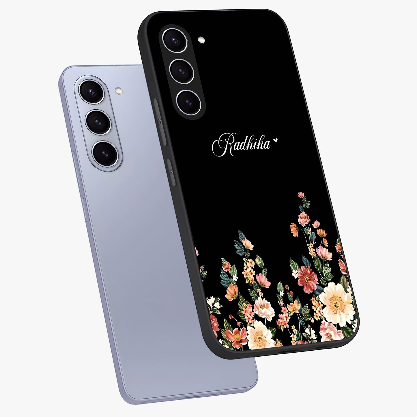 Floral Design With a Custom Personalized Name Glass Case displayed in angled mockup highlighting elegant floral pattern with custom name feature.