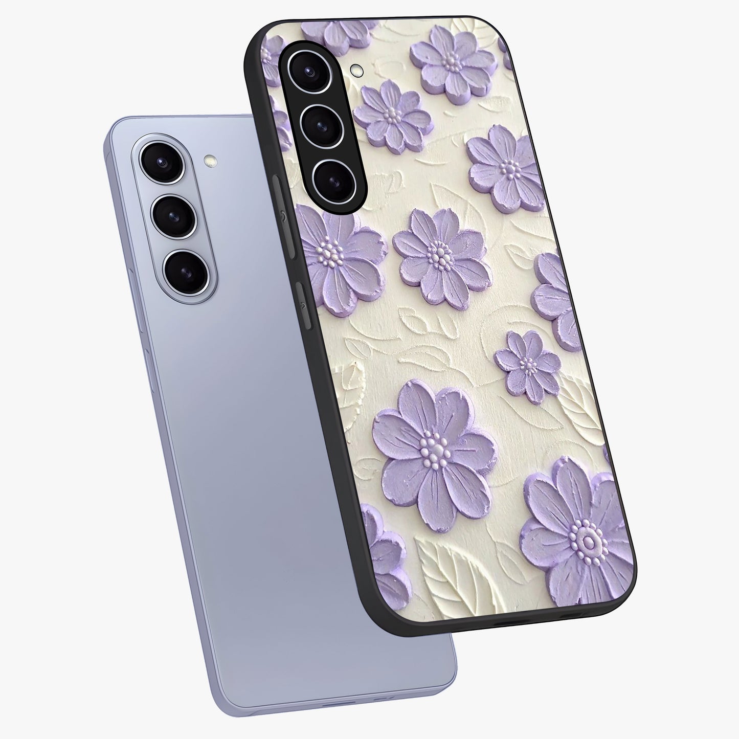 Floral Wall Art With Purple Flowers Glass Case displayed in angled mockup highlighting vibrant purple floral illustration with artistic aesthetic.