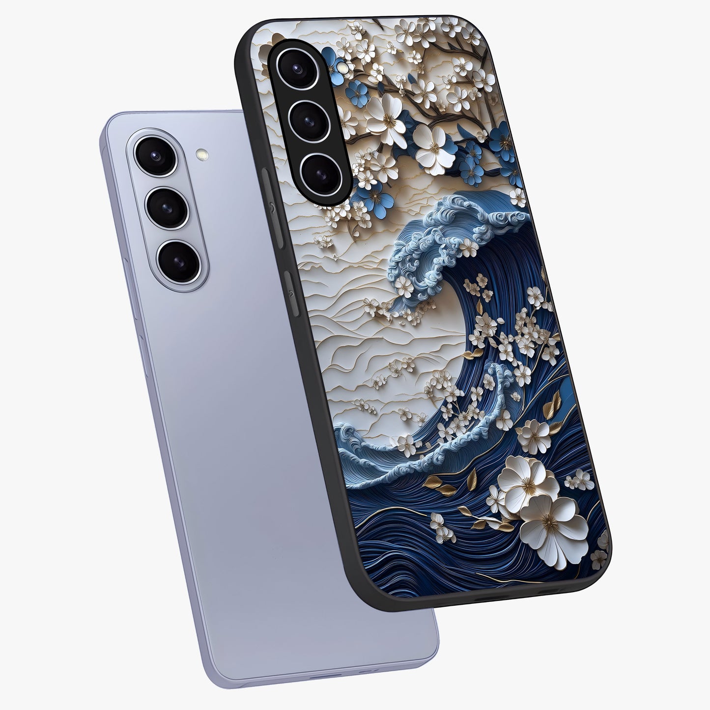Floral Wave Origami Glass Case displayed in angled mockup highlighting geometric origami flower design with modern aesthetic style.