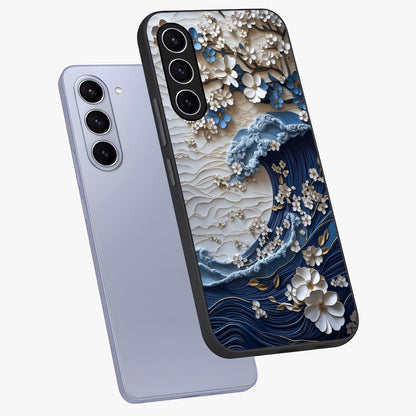 Floral Wave Origami Glass Case displayed in angled mockup highlighting geometric origami flower design with modern aesthetic style.