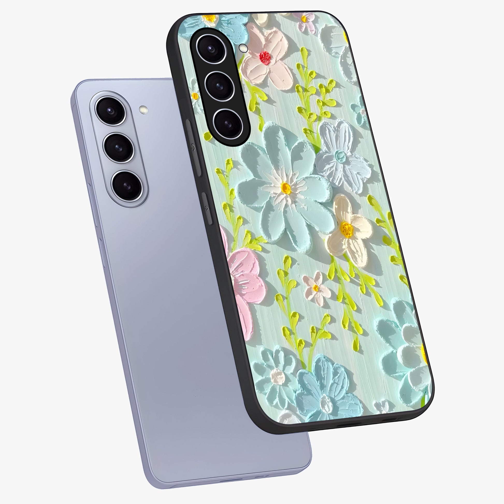 Frosted Petal Garden Glass Case displayed in angled mockup highlighting delicate flower petal design with calm garden aesthetic.