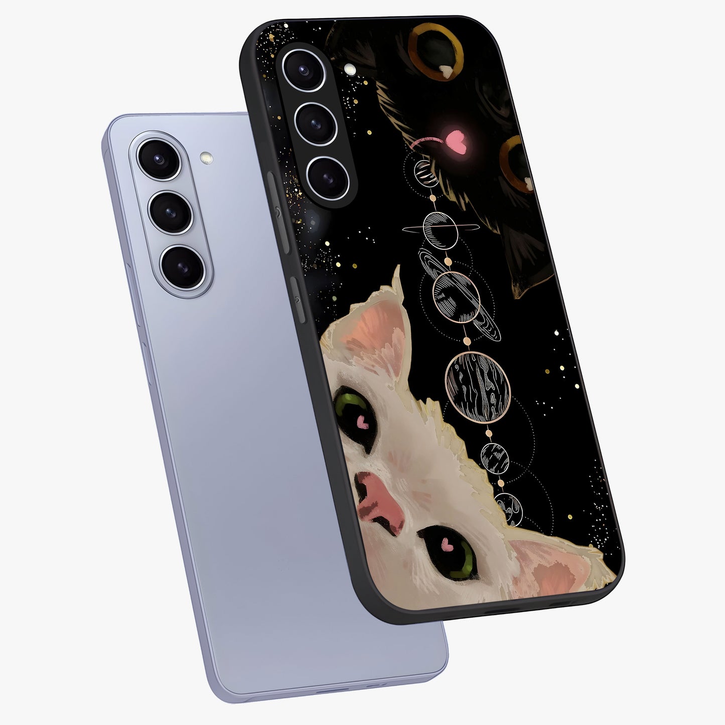Galactic Cat Glass Case displayed in angled mockup highlighting celestial feline illustration with galaxy aesthetic style.
