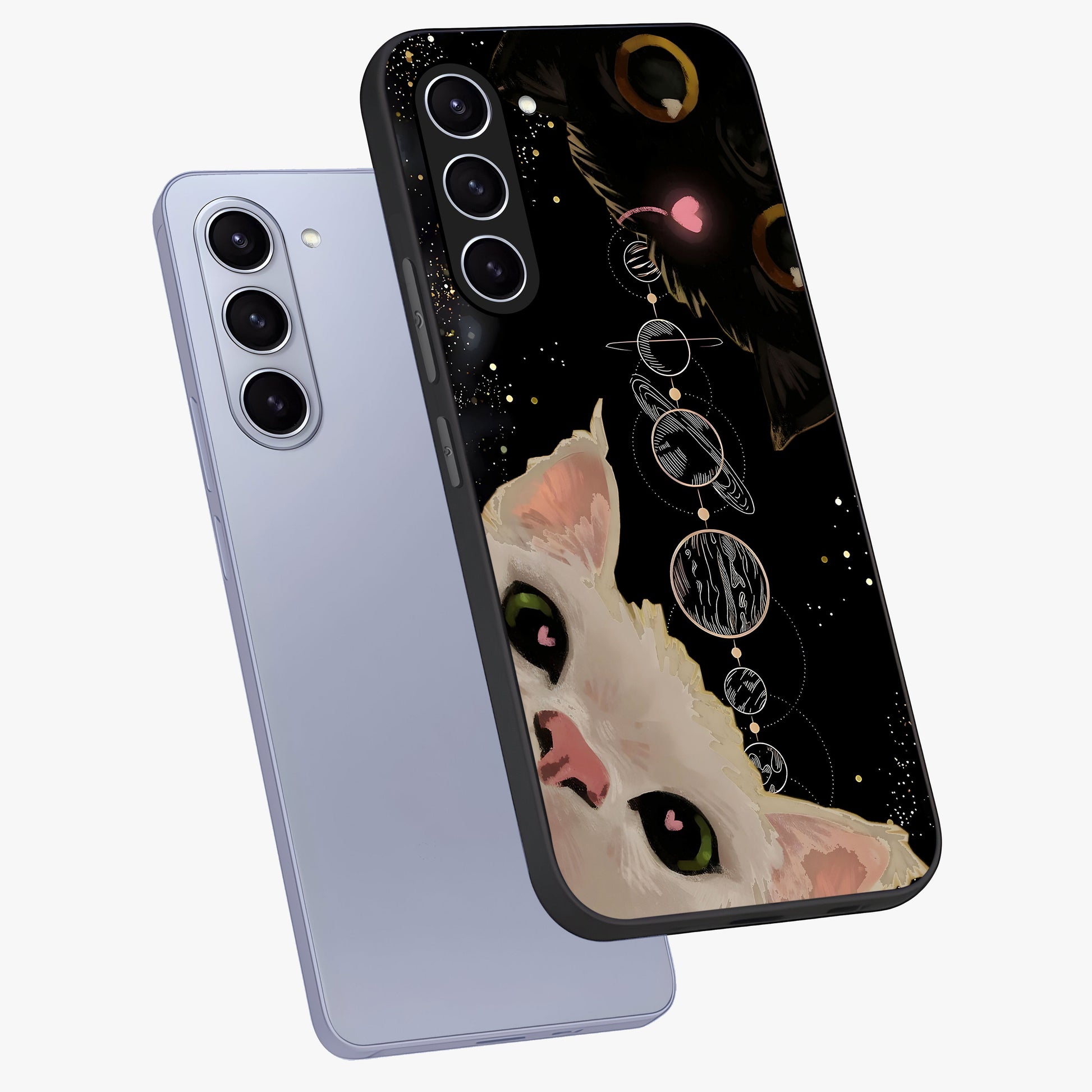 Galactic Cat Glass Case displayed in angled mockup highlighting celestial feline illustration with galaxy aesthetic style.