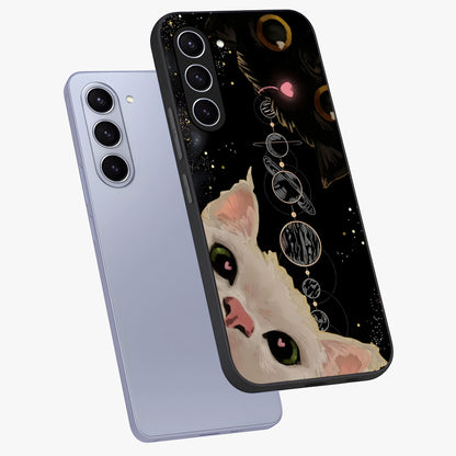 Galactic Cat Glass Case displayed in angled mockup highlighting celestial feline illustration with galaxy aesthetic style.