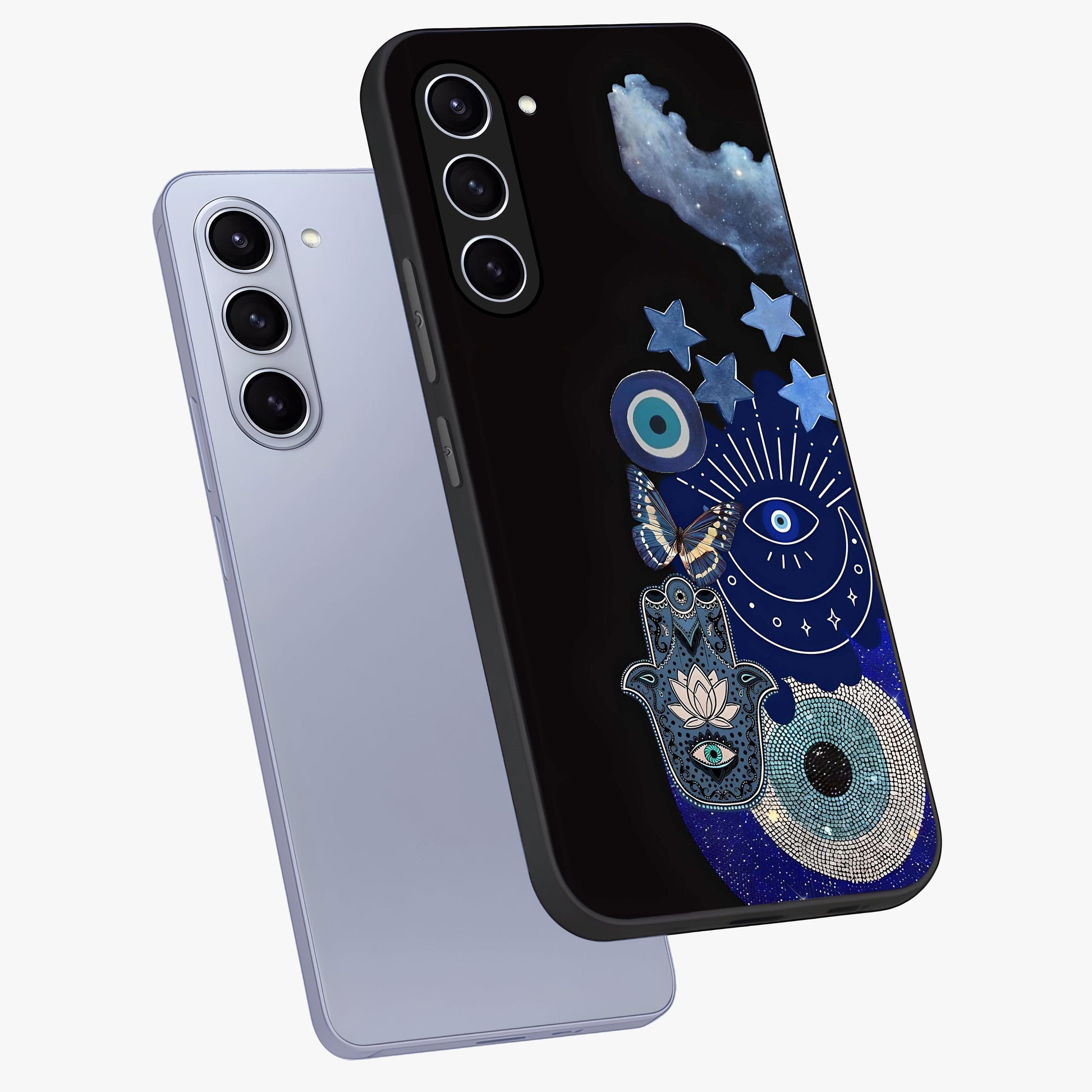 Galactic Charm Cluster Glass Case displayed in angled mockup highlighting luminous galaxy inspired design with dreamy aesthetic.