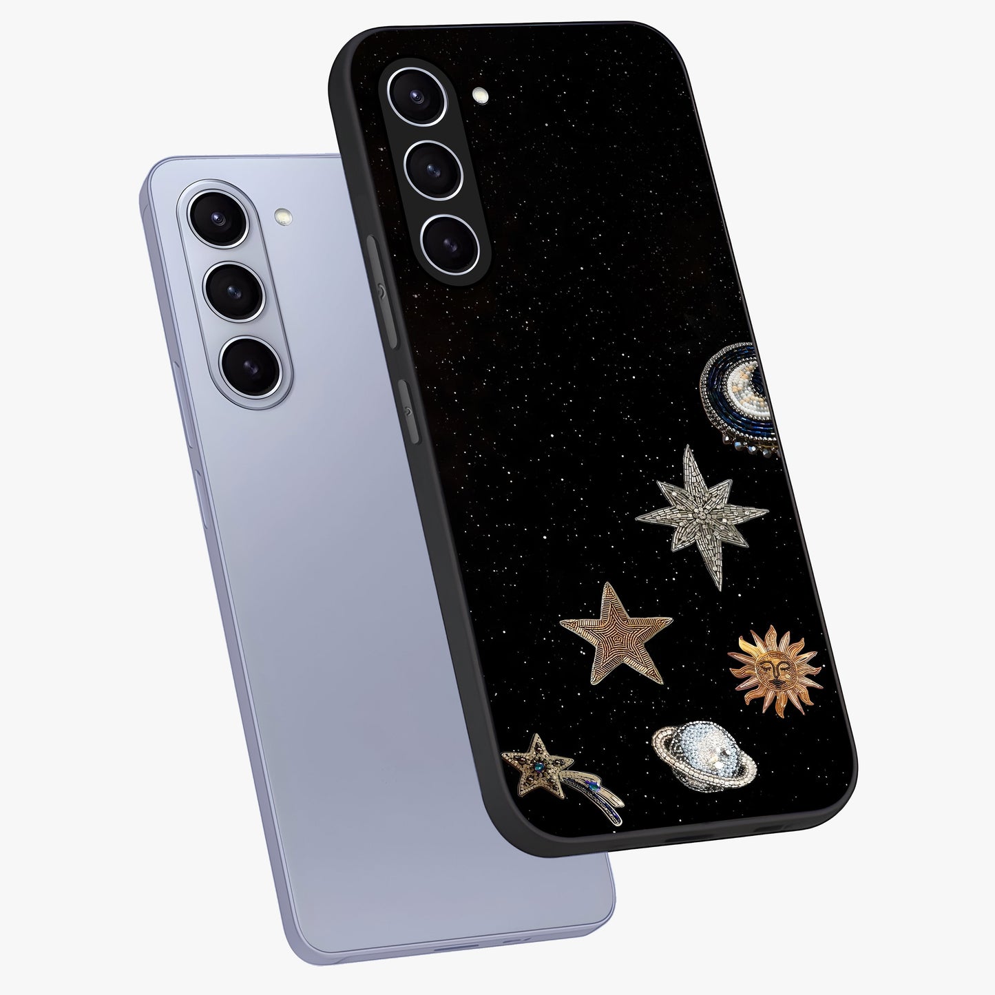 Galactic Charm Glow Glass Case displayed in angled mockup highlighting luminous galaxy inspired design with dreamy aesthetic.