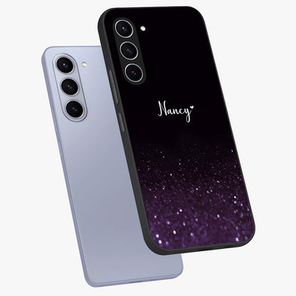 Glittery Purple Bokeh Custom Name Glass Case displayed in angled mockup highlighting glitter bokeh pattern with custom name feature.