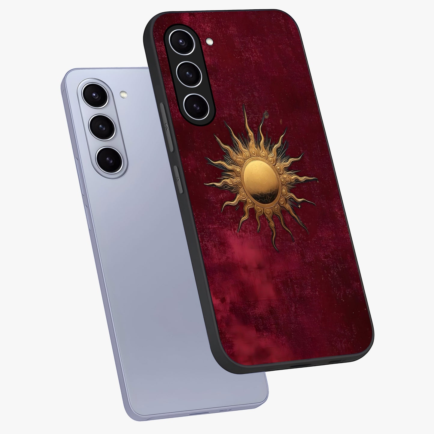 Golden Sun Minimalism Glass Case displayed in angled mockup highlighting clean sun symbol design with modern minimal aesthetic.