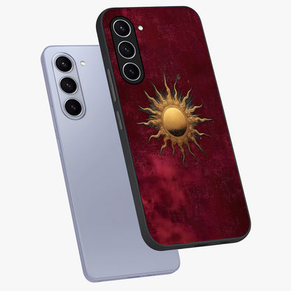 Golden Sun Minimalism Glass Case displayed in angled mockup highlighting clean sun symbol design with modern minimal aesthetic.