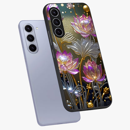 Golden Floral Majesty Glass Case displayed in angled mockup highlighting elegant flower design with royal golden aesthetic.
