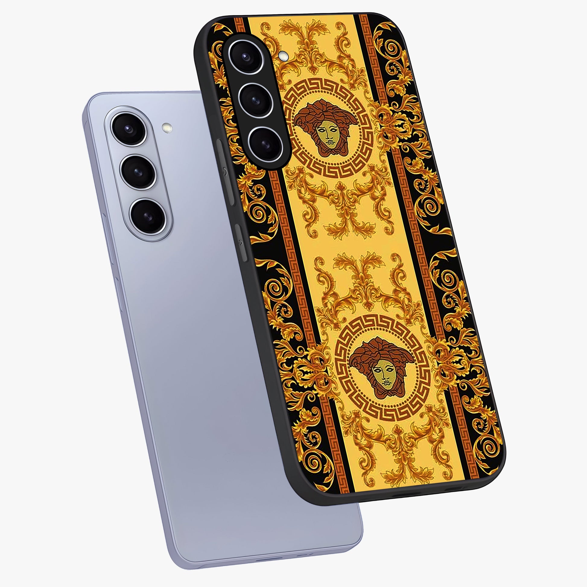 Golden Lotus Glow Glass Case displayed in angled mockup highlighting radiant lotus illustration with spiritual aesthetic.