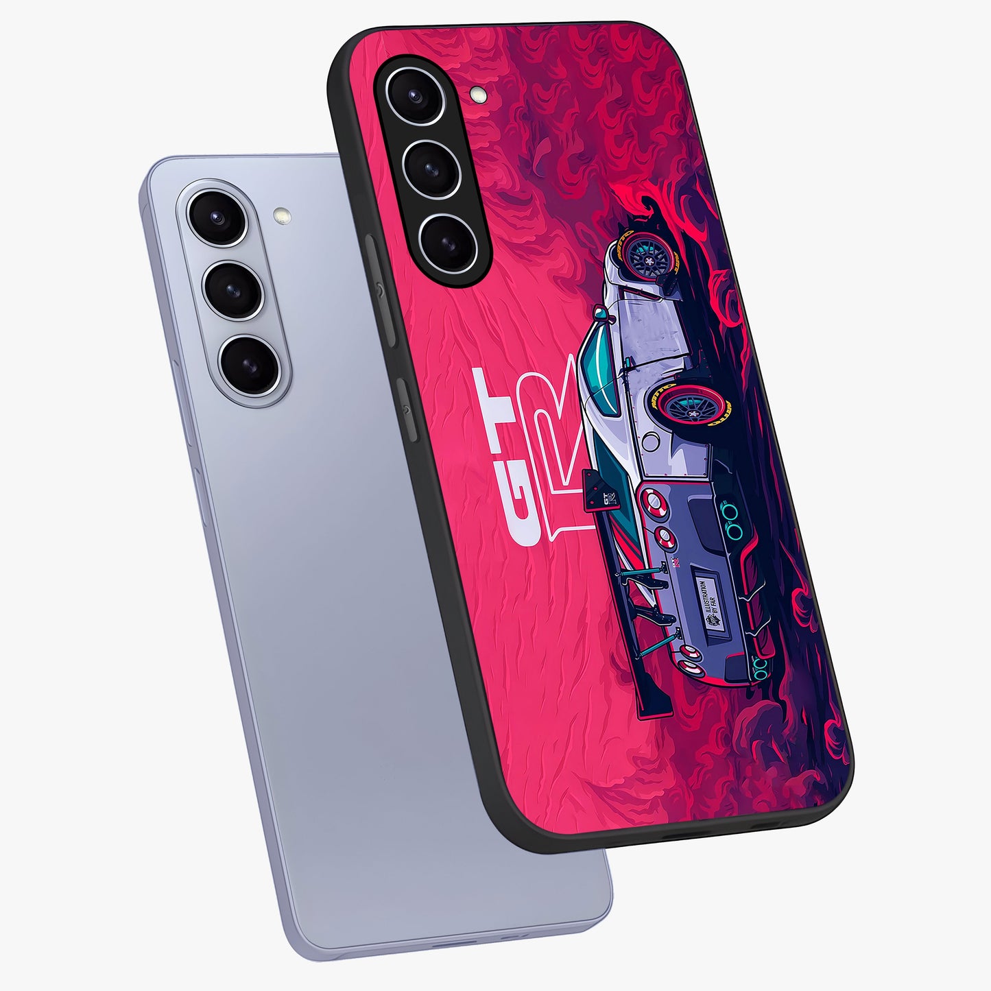 GT-R Car Pattern Glass Case displayed in angled mockup highlighting racing car graphic design with bold automotive aesthetic.