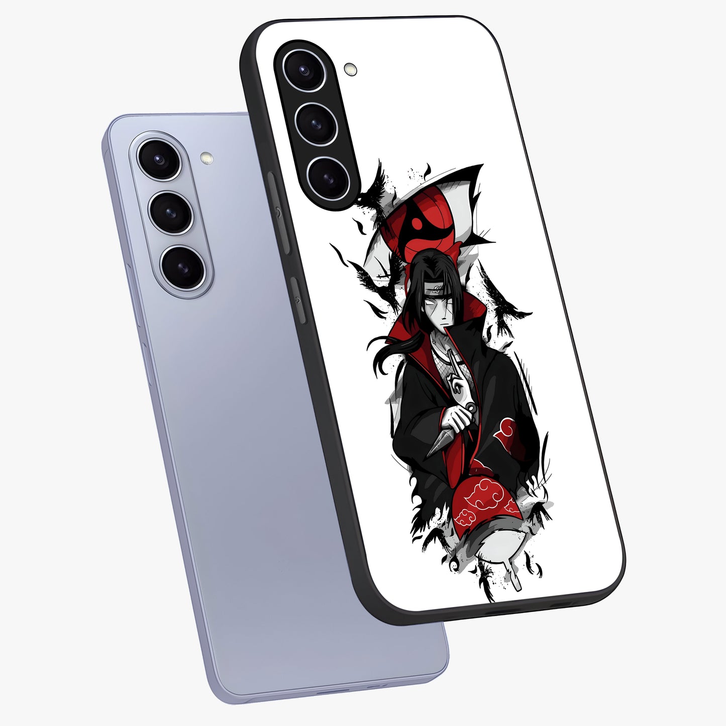 Itachi Limited Edition Naruto Anime Glass Case displayed in angled mockup highlighting dramatic anime illustration with bold action aesthetic.