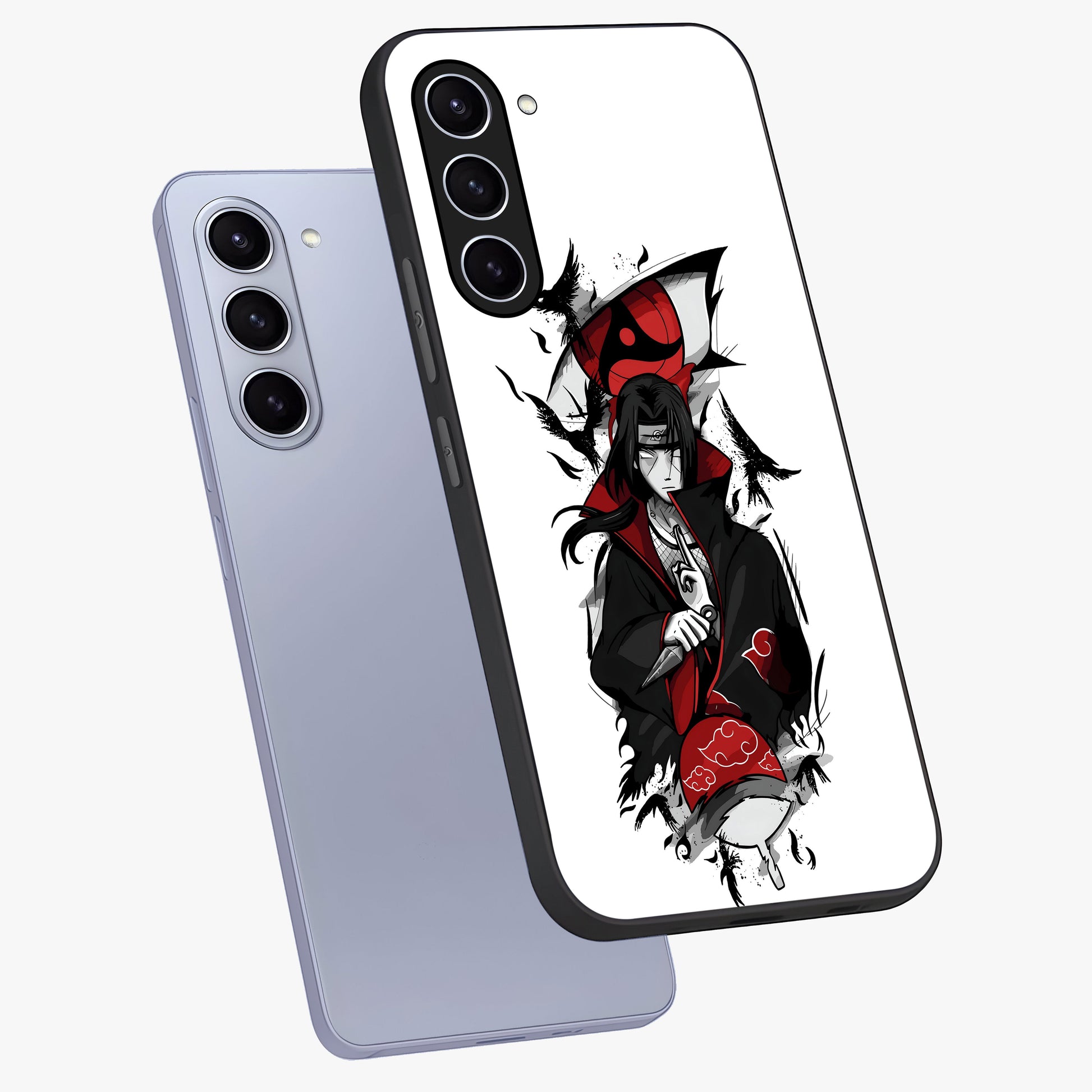 Itachi Limited Edition Naruto Anime Glass Case displayed in angled mockup highlighting dramatic anime illustration with bold action aesthetic.
