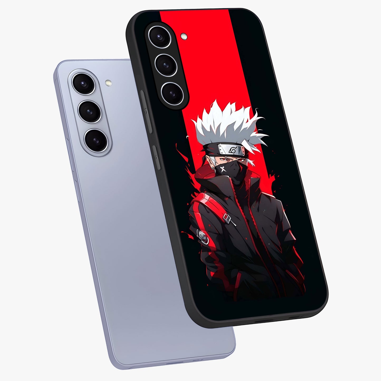 Kakashi Scarlet Shadow Glass Case displayed in angled mockup highlighting dramatic ninja illustration with scarlet themed aesthetic.