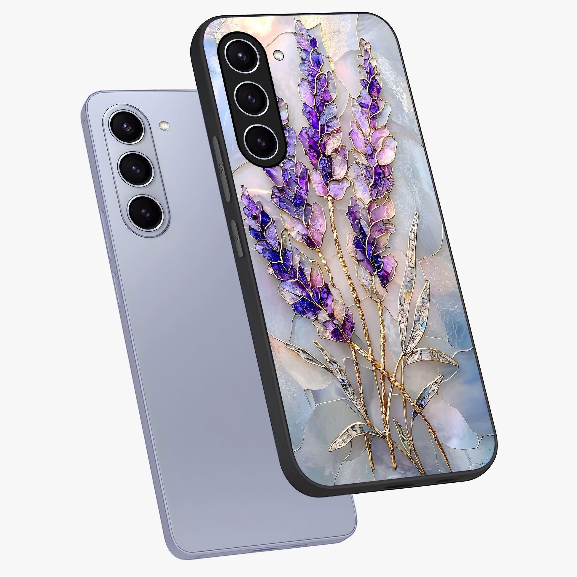 Lavender Dream Glow Glass Case displayed in angled mockup highlighting dreamy purple glow design with soft artistic style.