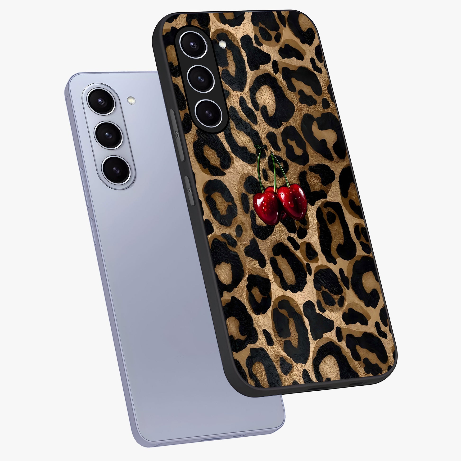 Leopard Wild Cherry Glass Case displayed in angled mockup highlighting bold animal print design with playful cherry aesthetic.