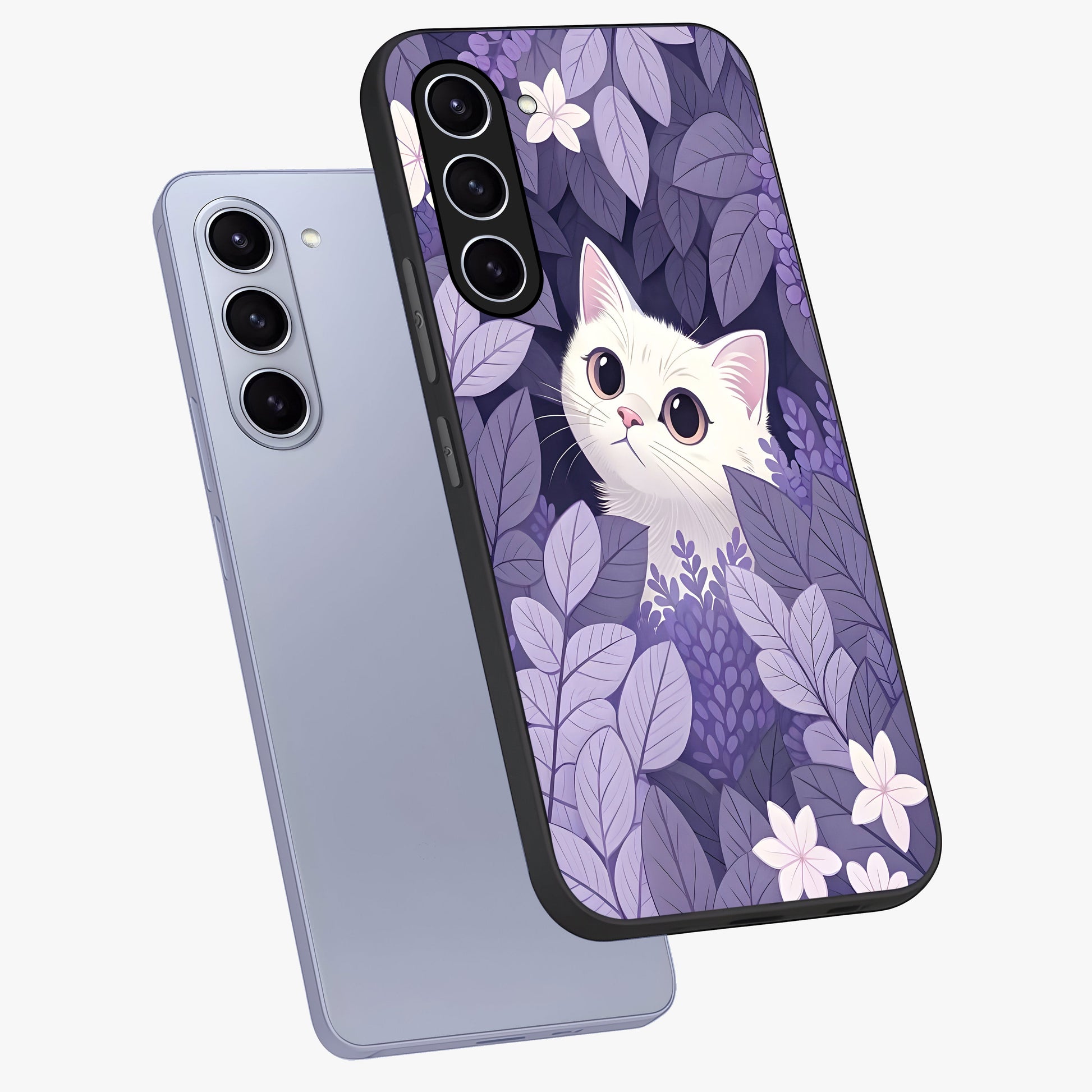 Lilac Hide Peek Cat Glass Case displayed in angled mockup highlighting playful feline illustration with lilac aesthetic design.